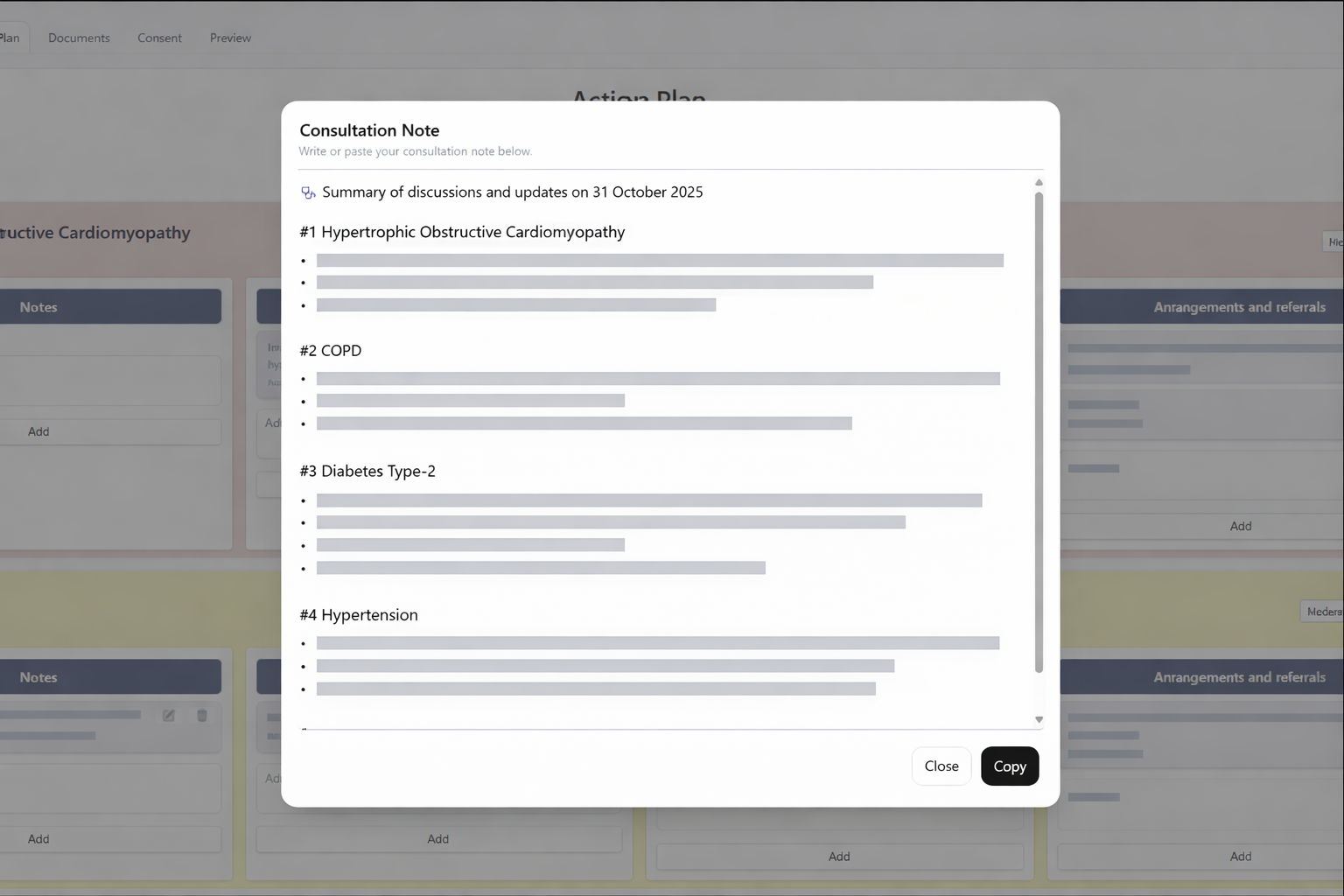 Caredevo consultation note powering GPCCMP, mental health, health assessment and clinical outputs